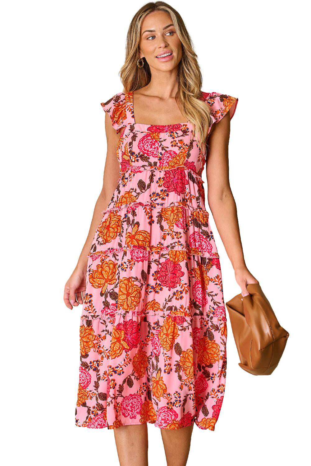 Pink Floral Square Neck Ruffled Flutter Sleeve Tiered Midi Dress-Dresses/Floral Dresses-[Adult]-[Female]-2022 Online Blue Zone Planet