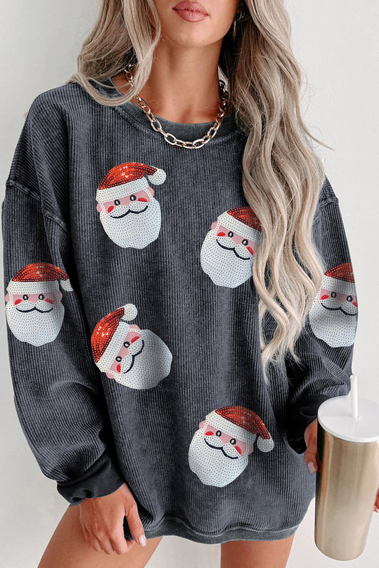 Gray Sequined Santa Claus Corded Christmas Sweatshirt-Graphic/Graphic Sweatshirts-[Adult]-[Female]-Gray-S-2022 Online Blue Zone Planet