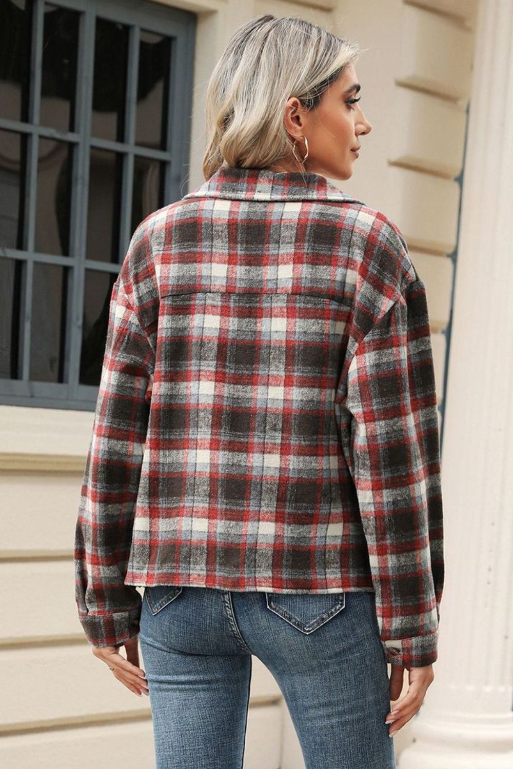 Pocketed Plaid Collared Neck Dropped Shoulder Jacket-TOPS / DRESSES-[Adult]-[Female]-2022 Online Blue Zone Planet