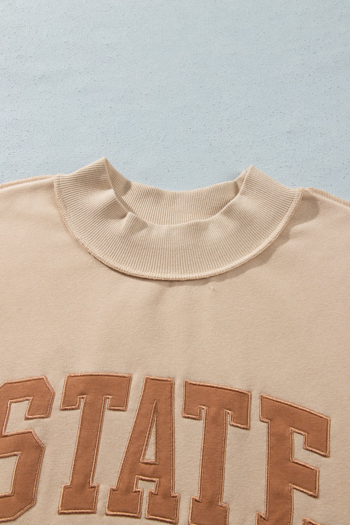 Coffee Exposed Seam Mock Neck STATE Letter Graphic Loose Sweatshirt-Tops/Sweatshirts & Hoodies-[Adult]-[Female]-2022 Online Blue Zone Planet