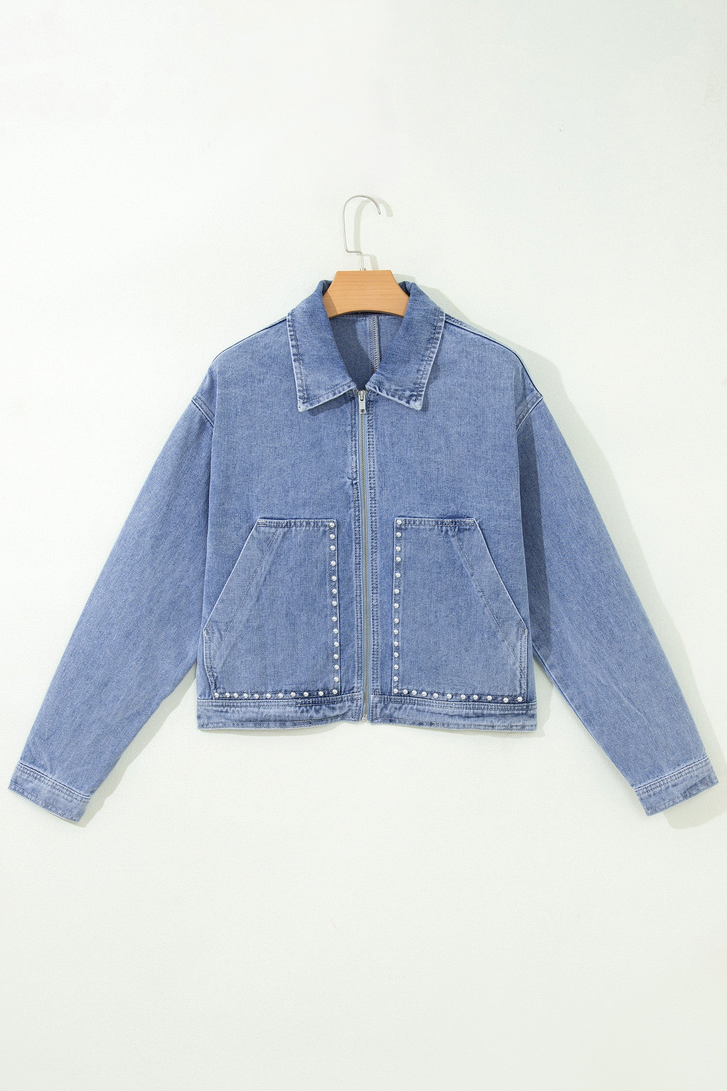 Beau Blue Studded Metal Zipper Rivet Pockets Long Sleeve Denim Jacket-Outerwear/Denim jackets-[Adult]-[Female]-2022 Online Blue Zone Planet