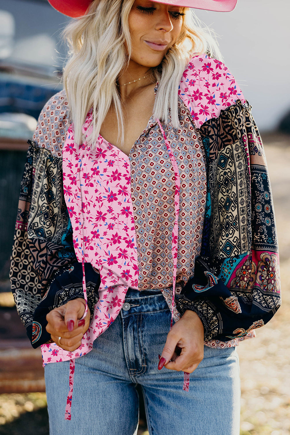 Pink Boho Mixed Floral Drop Shoulder Bubble Sleeve Blouse-Tops/Blouses & Shirts-[Adult]-[Female]-2022 Online Blue Zone Planet