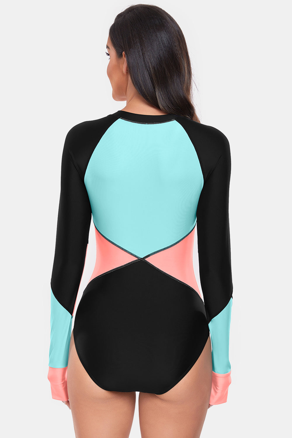 Color Block Half Zip Long Sleeve One-Piece Swimwear-TOPS / DRESSES-[Adult]-[Female]-2022 Online Blue Zone Planet