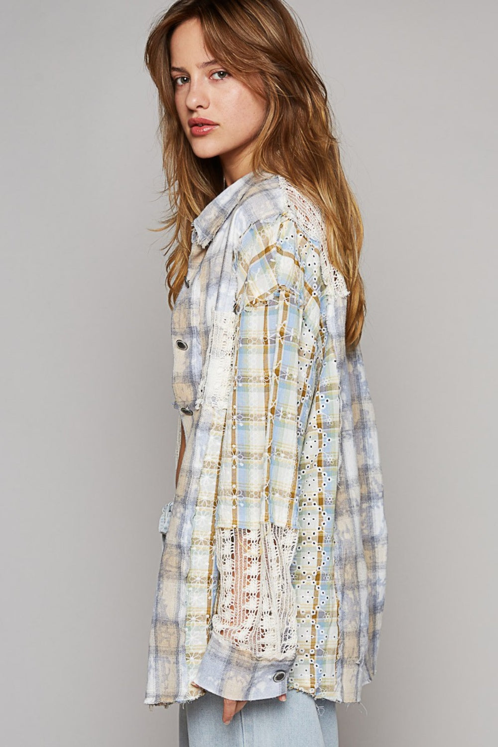 POL Long Sleeve Embroidered Crochet Plaid Shirt-TOPS / DRESSES-[Adult]-[Female]-2022 Online Blue Zone Planet