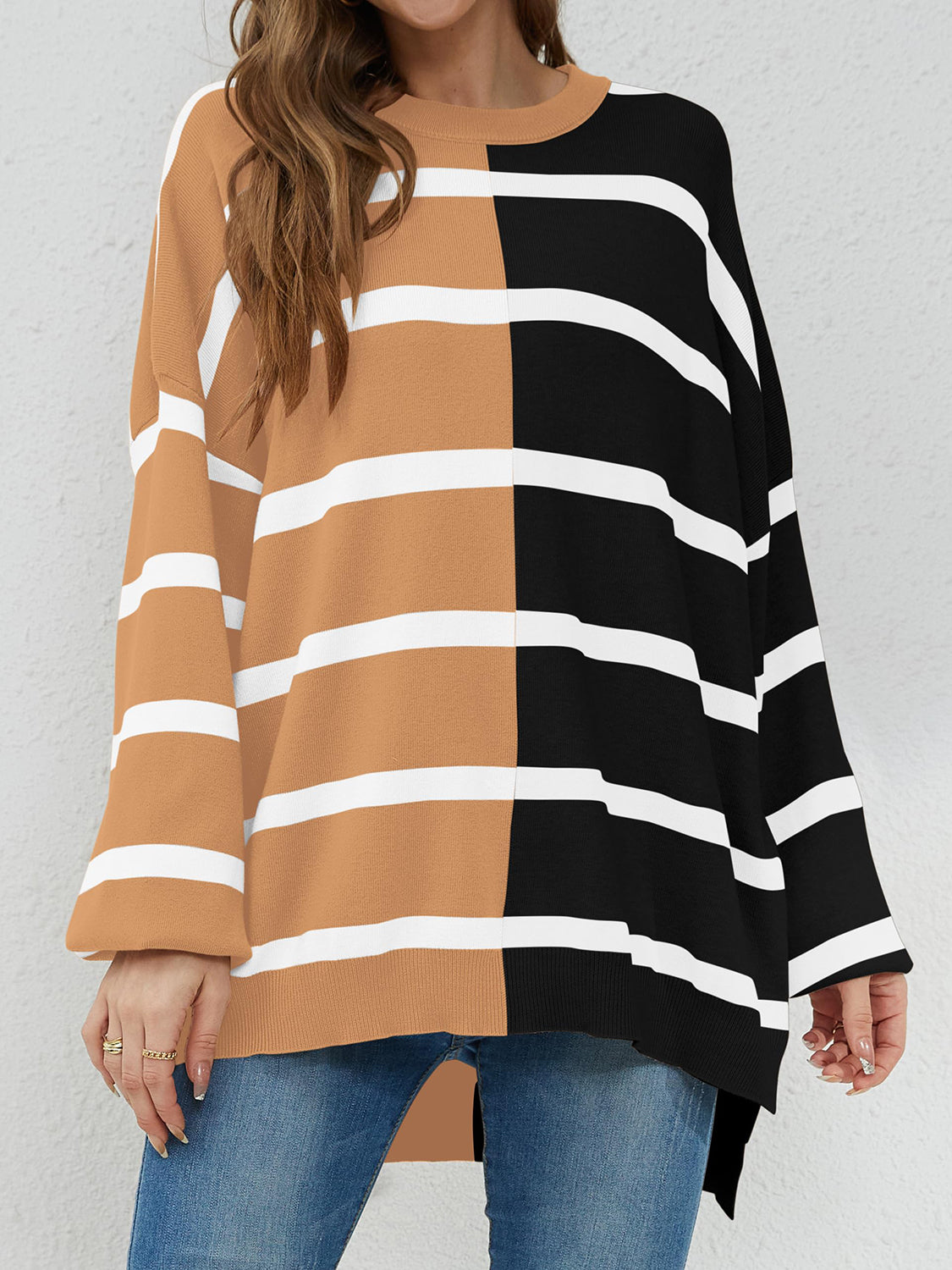 Striped Round Neck Long Sleeve Sweater-TOPS / DRESSES-[Adult]-[Female]-2022 Online Blue Zone Planet