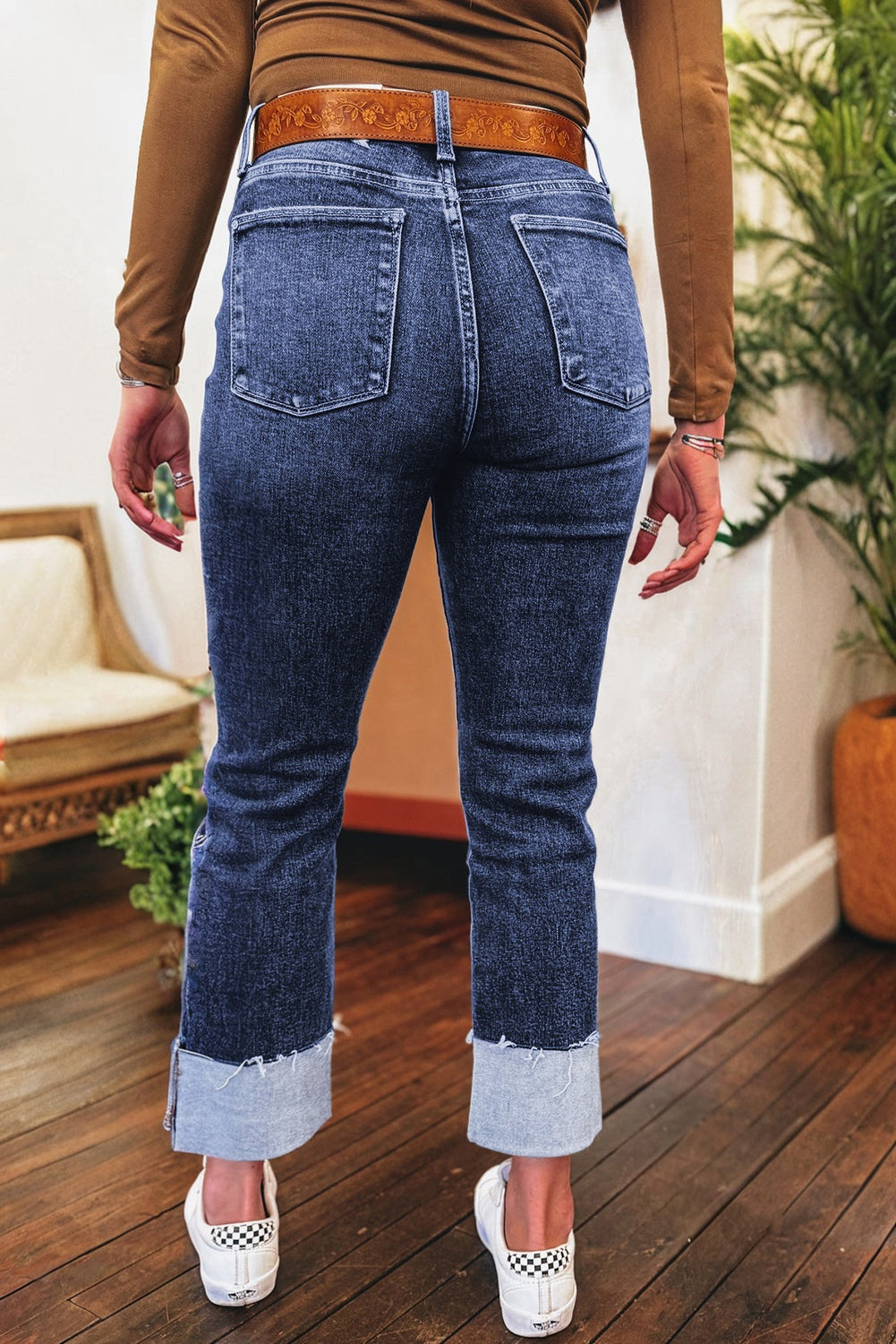 Real Teal Folded Cuffs Distressed Straight High Waist Jeans-Bottoms/Jeans-[Adult]-[Female]-2022 Online Blue Zone Planet
