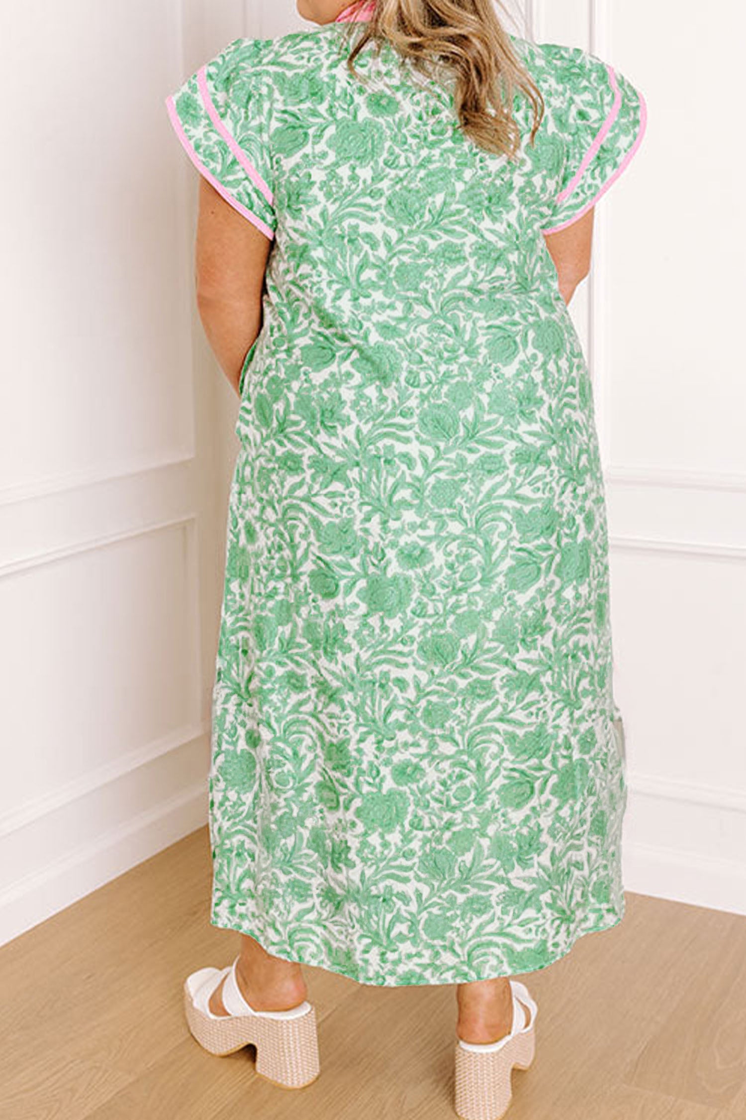 Green Plus Size Contrast Trim Flutter Sleeve Floral Kaftan Maxi Dress-TOPS / DRESSES-[Adult]-[Female]-2022 Online Blue Zone Planet