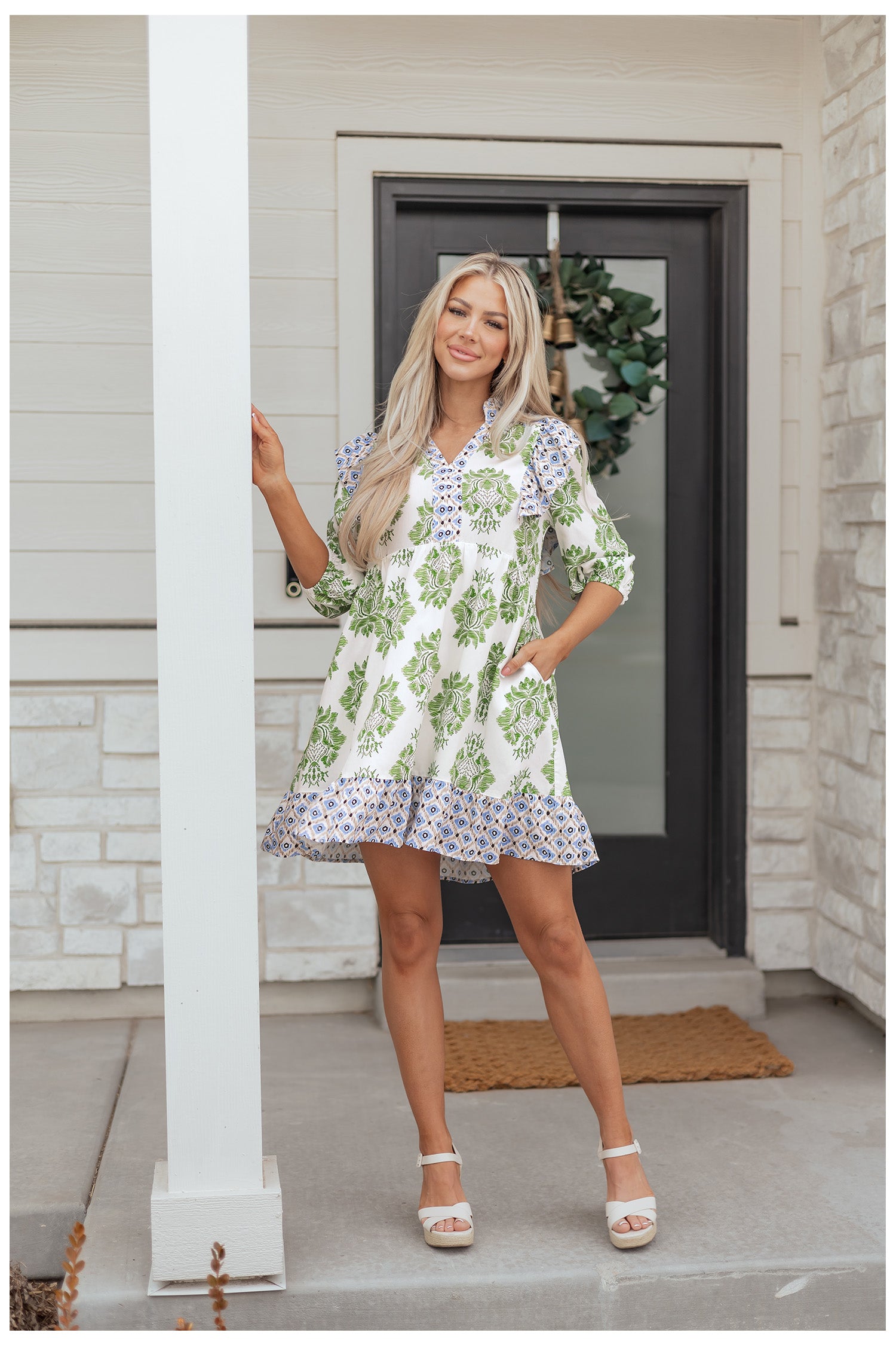 Green Floral Print Contrast Patchwork Ruffle Detail Mini Dress-TOPS / DRESSES-[Adult]-[Female]-2022 Online Blue Zone Planet