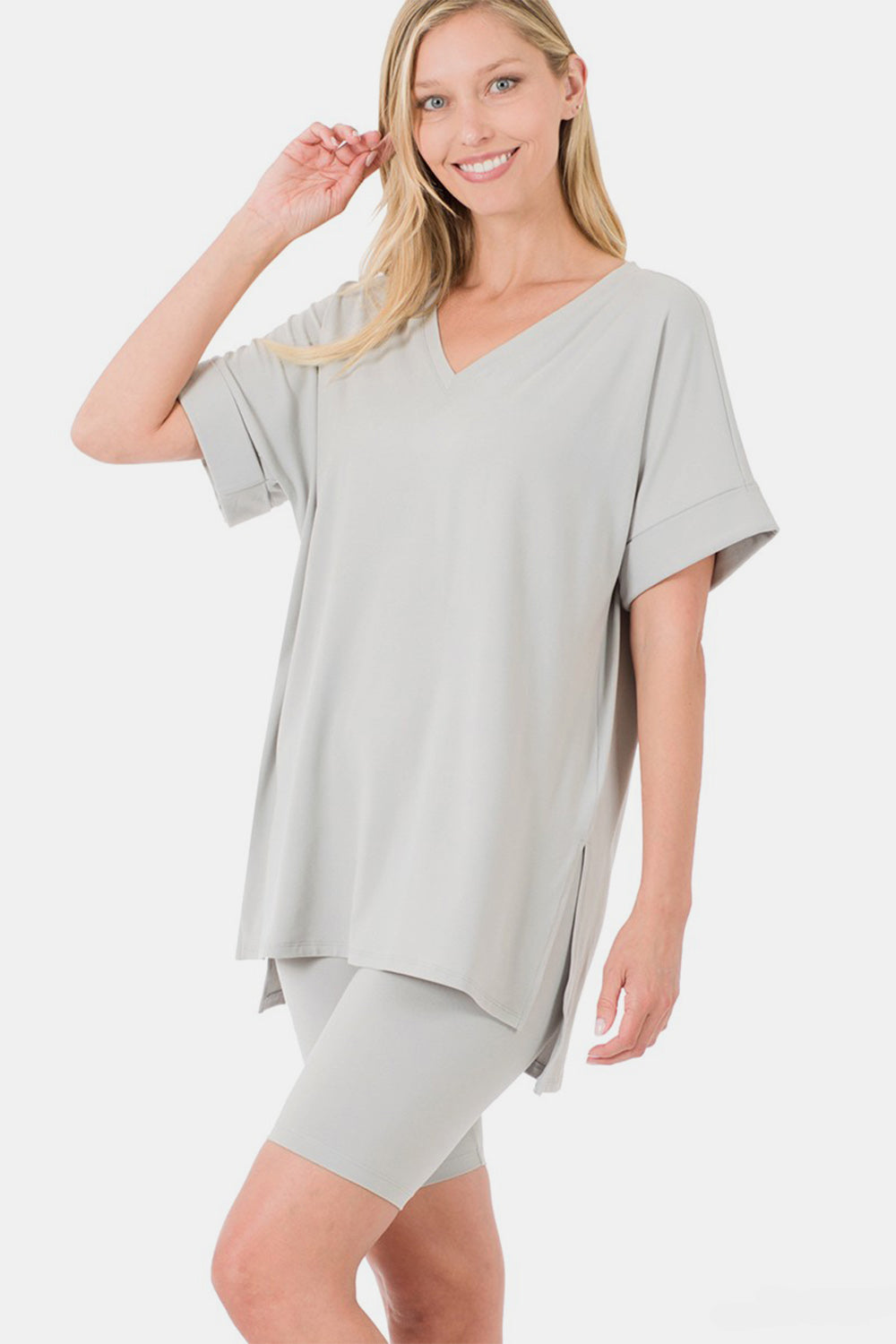 Zenana Full Size V-Neck Short Sleeve Slit T-Shirt and Shorts Set-TOPS / DRESSES-[Adult]-[Female]-Lt Grey-S-2022 Online Blue Zone Planet