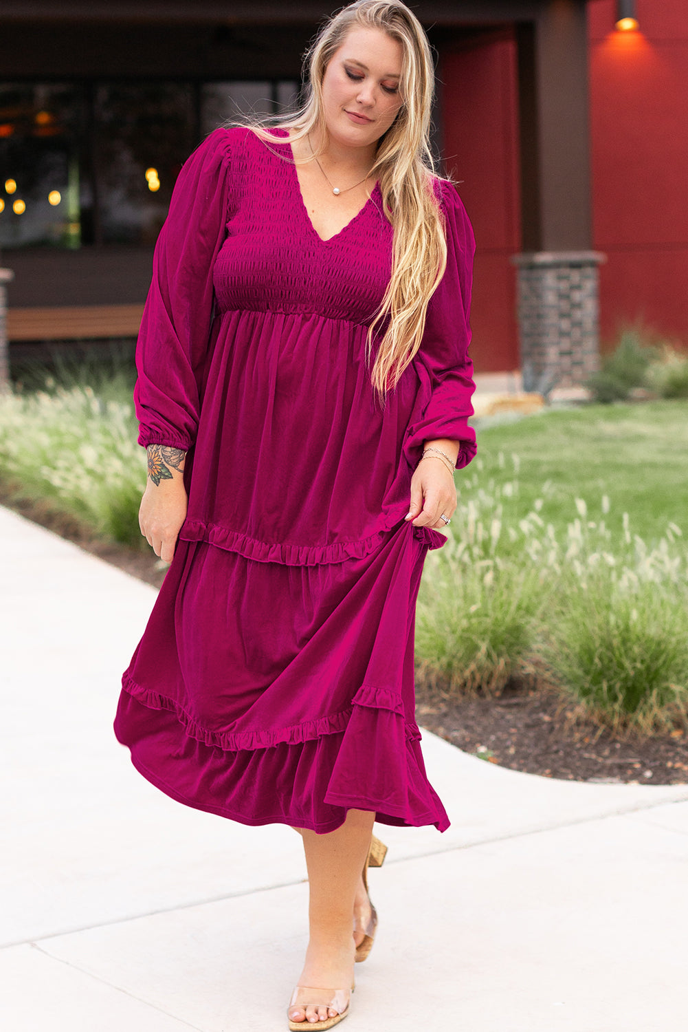 Blue Zone Planet | Rose Red Shirred V Neck Tiered Ruffled Velvet Plus Size Maxi Dress-TOPS / DRESSES-[Adult]-[Female]-2022 Online Blue Zone Planet