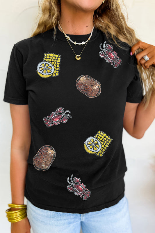 Black Sequin Crawfish Potato Lemon Corn Graphic Crewneck T Shirt-Graphic/Graphic Tees-[Adult]-[Female]-Black-S-2022 Online Blue Zone Planet