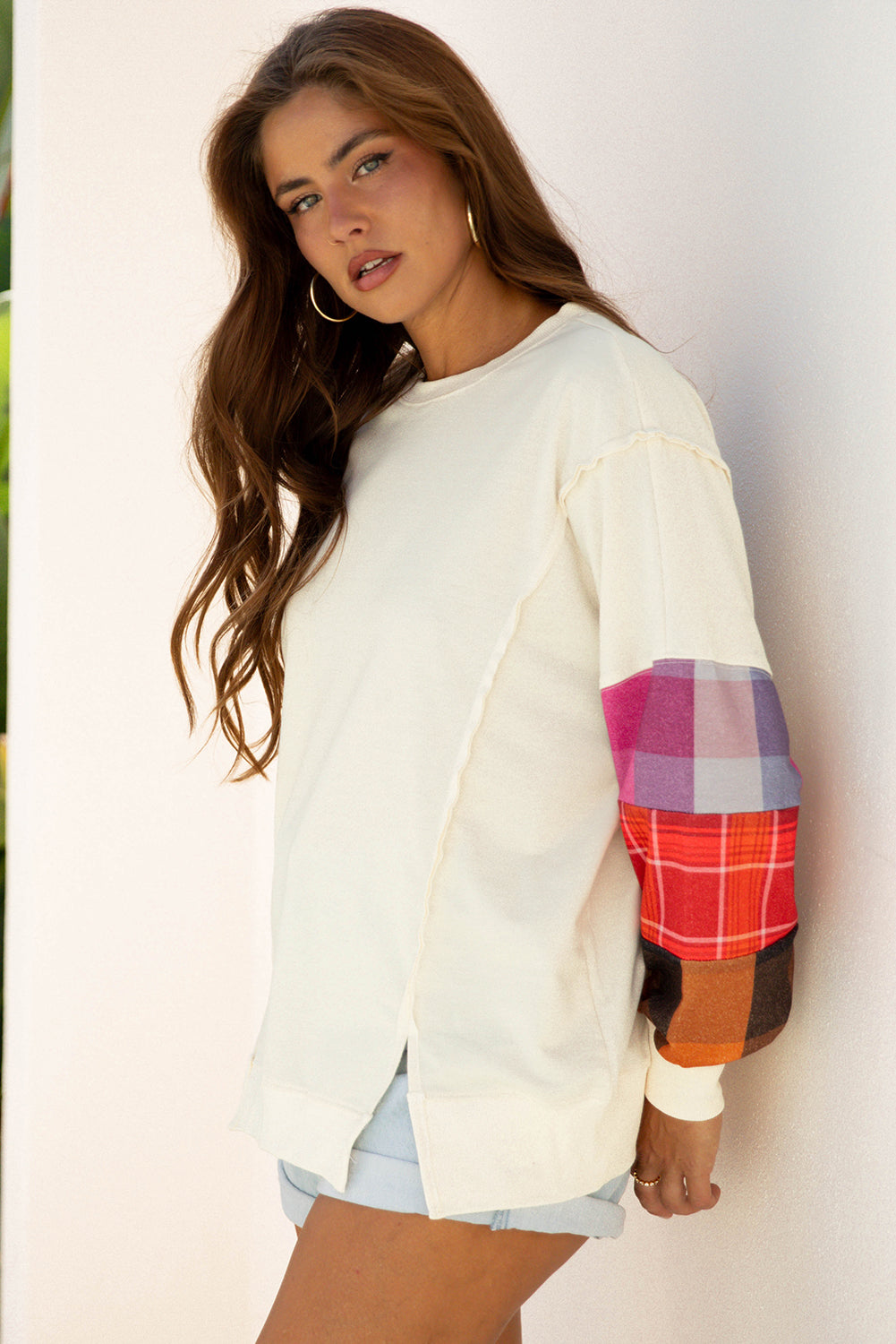Beige Contrast Plaid Long Sleeve Exposed Seam Patchwork Top-Tops/Long Sleeve Tops-[Adult]-[Female]-2022 Online Blue Zone Planet