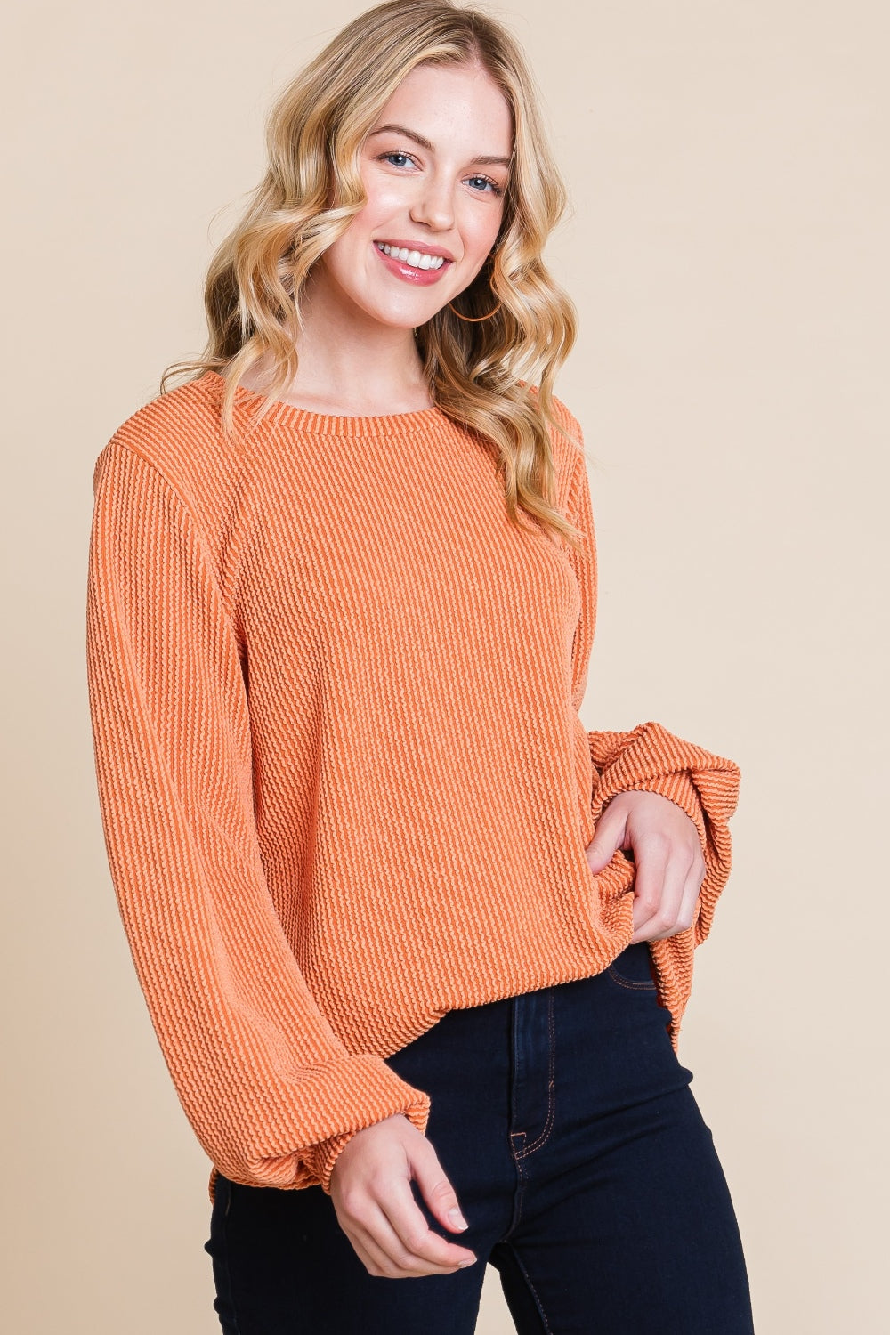 Blue Zone Planet | BOMBOM Long Sleeve Curved Hem Ribbed T-Shirt-TOPS / DRESSES-[Adult]-[Female]-Pumpkin-S-2022 Online Blue Zone Planet