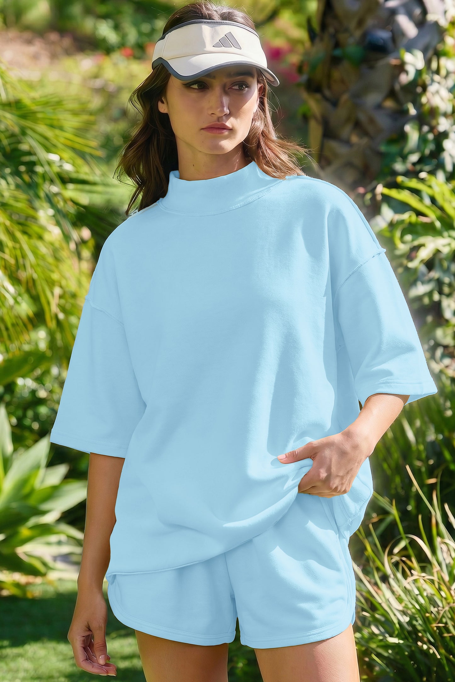 Light Pink Solid Color Exposed Seam Mock Neck Oversize Tee Casual Shorts 2pcs Outfit-Two Piece Sets/Short Sets-[Adult]-[Female]-2022 Online Blue Zone Planet