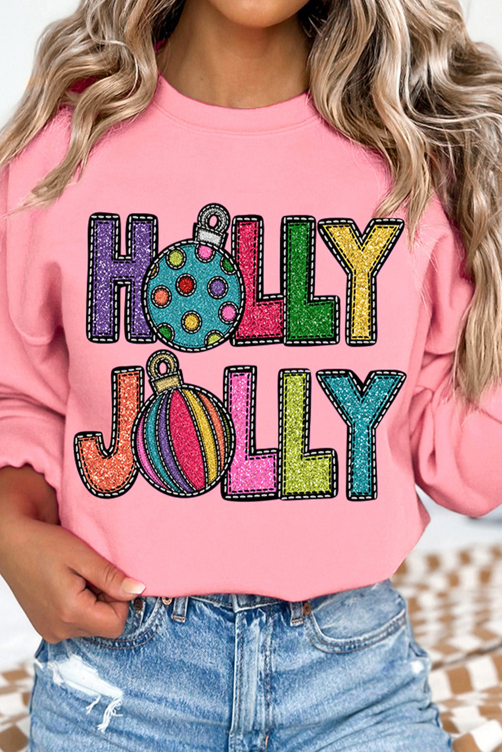 Pink HOLLY JOLLY Christmas Festive Letter Graphic Sweatshirt-Graphic Sweatshirts-[Adult]-[Female]-Pink-S-2022 Online Blue Zone Planet