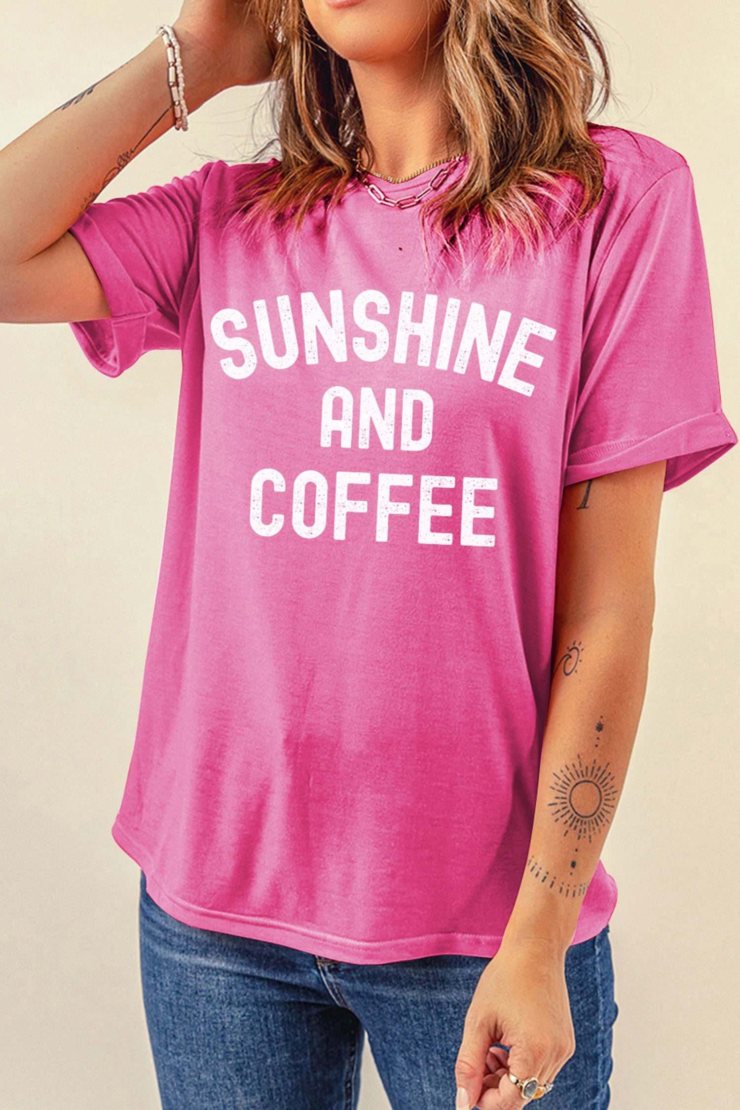Sachet Pink Sunshine And Coffee Summer Beachwear Graphic Tee-Graphic/Graphic Tees-[Adult]-[Female]-2022 Online Blue Zone Planet