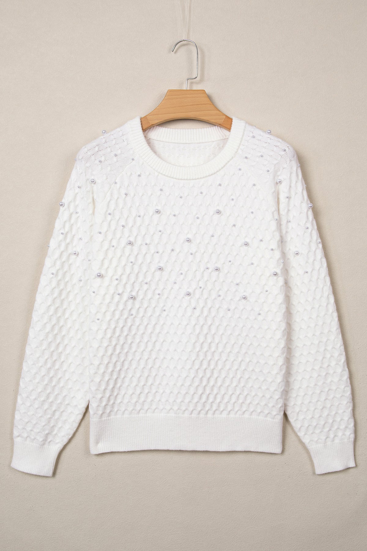 White Solid Textured Knit Pearl Embellished Pullover Sweater-TOPS / DRESSES-[Adult]-[Female]-2022 Online Blue Zone Planet