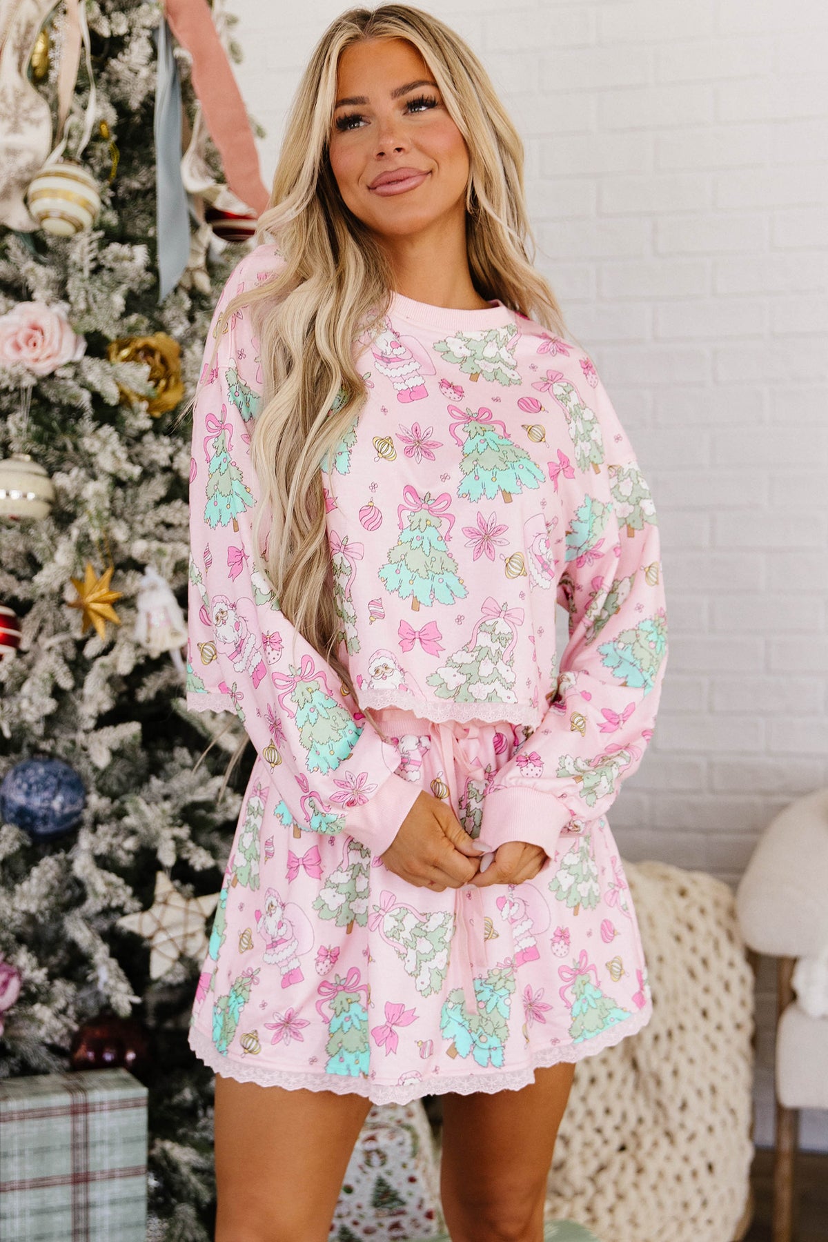 Pink Floral Print Lace Trim Long Sleeve Skirt Set-Two Piece Sets/Two Piece Dresses-[Adult]-[Female]-2022 Online Blue Zone Planet