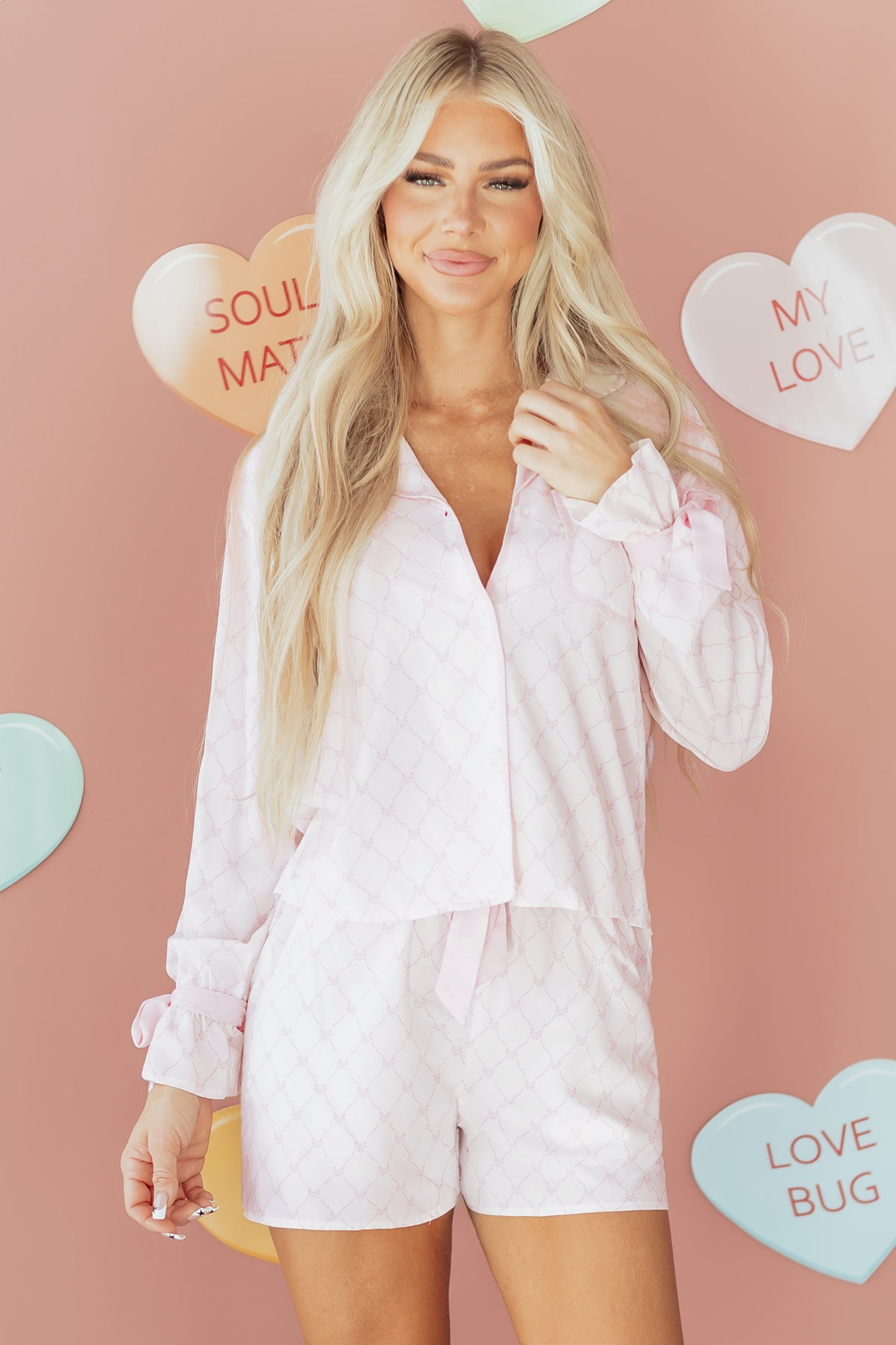 Pink Bow Lattice Print Bow Ties 2pcs Pajama Set-Loungewear & Sleepwear/Sleepwear-[Adult]-[Female]-2022 Online Blue Zone Planet
