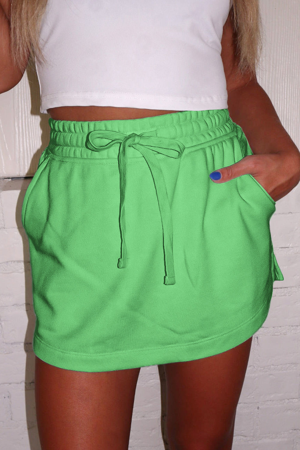 Light Green French Terry Drawstring Mini Skort with Pockets-Bottoms/Skirts & Petticoat-[Adult]-[Female]-2022 Online Blue Zone Planet