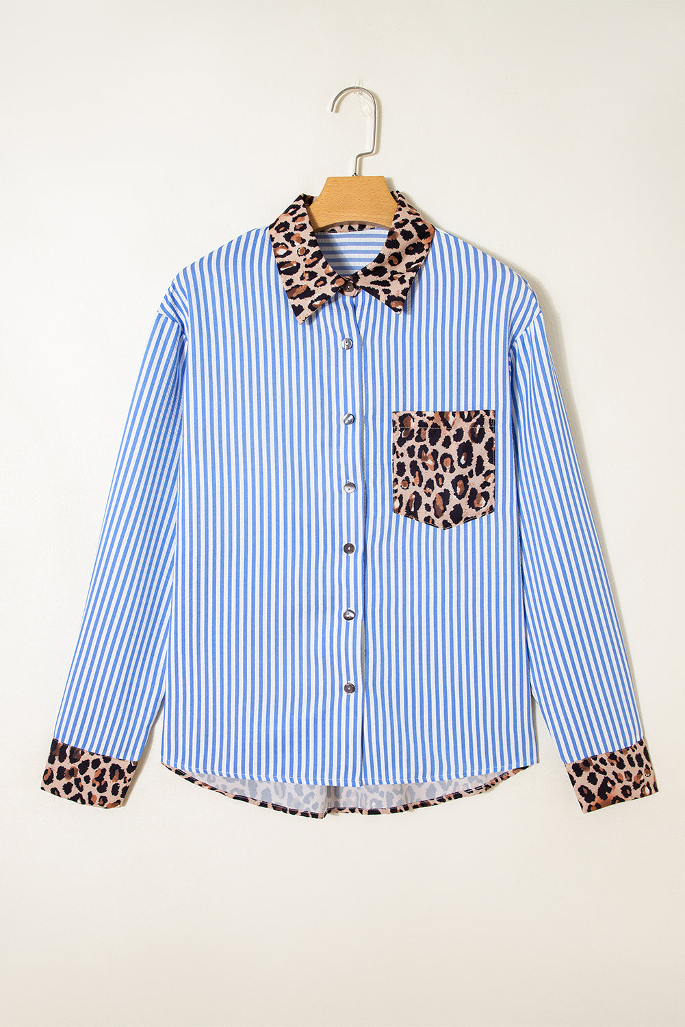 Sky Blue Striped Leopard Print Patchwork Button Up Womens Shirt-Tops/Blouses & Shirts-[Adult]-[Female]-2022 Online Blue Zone Planet