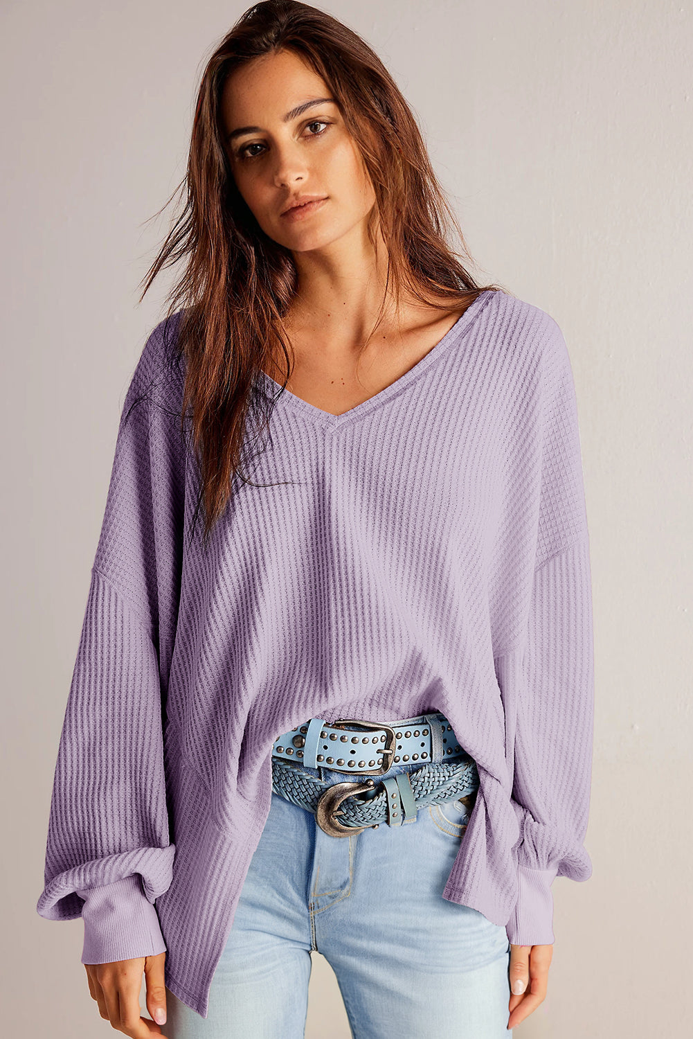 Blue Zone Planet | Orchid Petal Waffle V Neck Long Sleeve Drop Shoulder Loose Blouse-Tops/Blouses & Shirts-[Adult]-[Female]-2022 Online Blue Zone Planet
