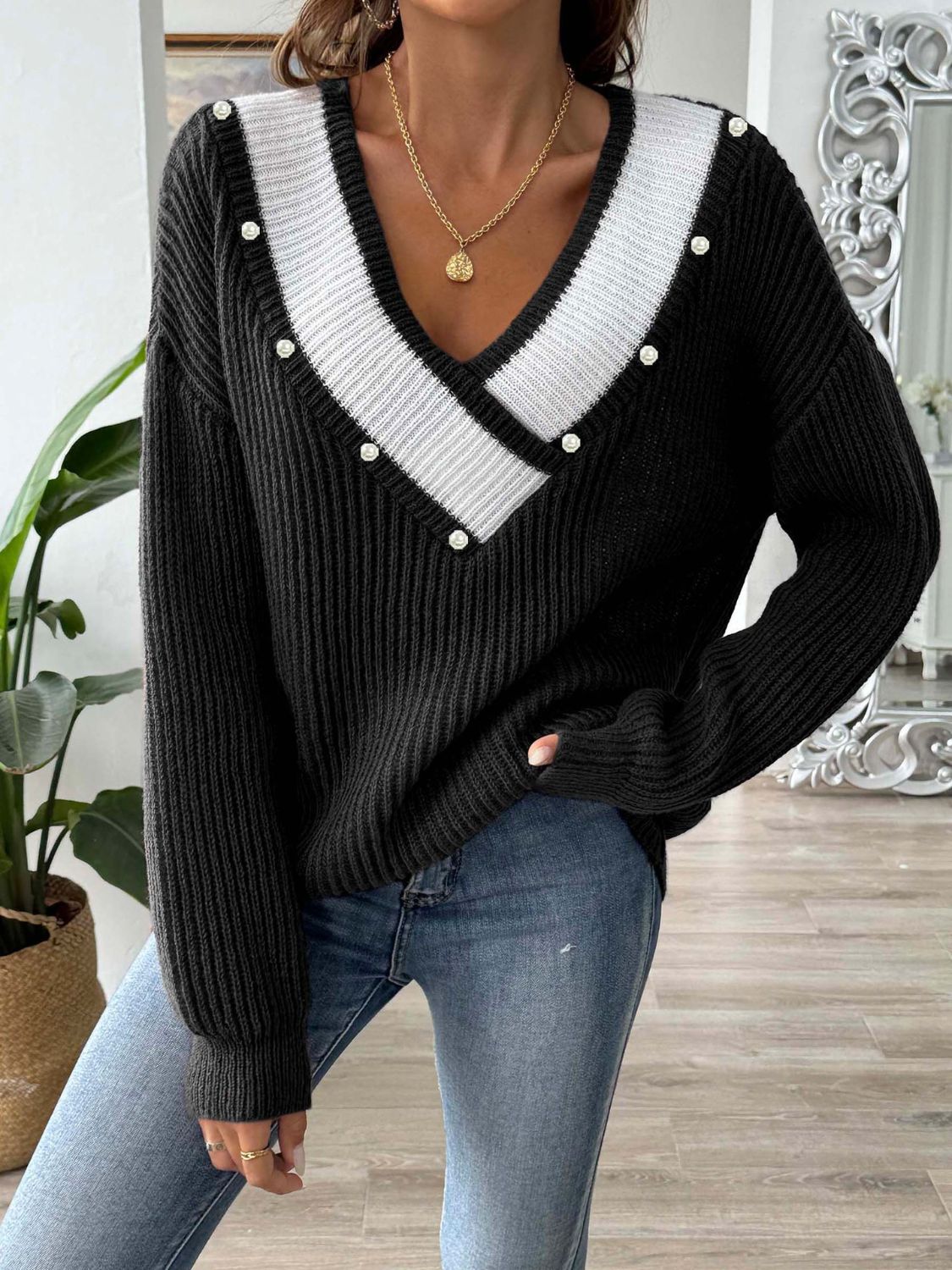 Contrast Trim Dropped Shoulder Long Sleeve Sweater-TOPS / DRESSES-[Adult]-[Female]-Black-One Size-2022 Online Blue Zone Planet