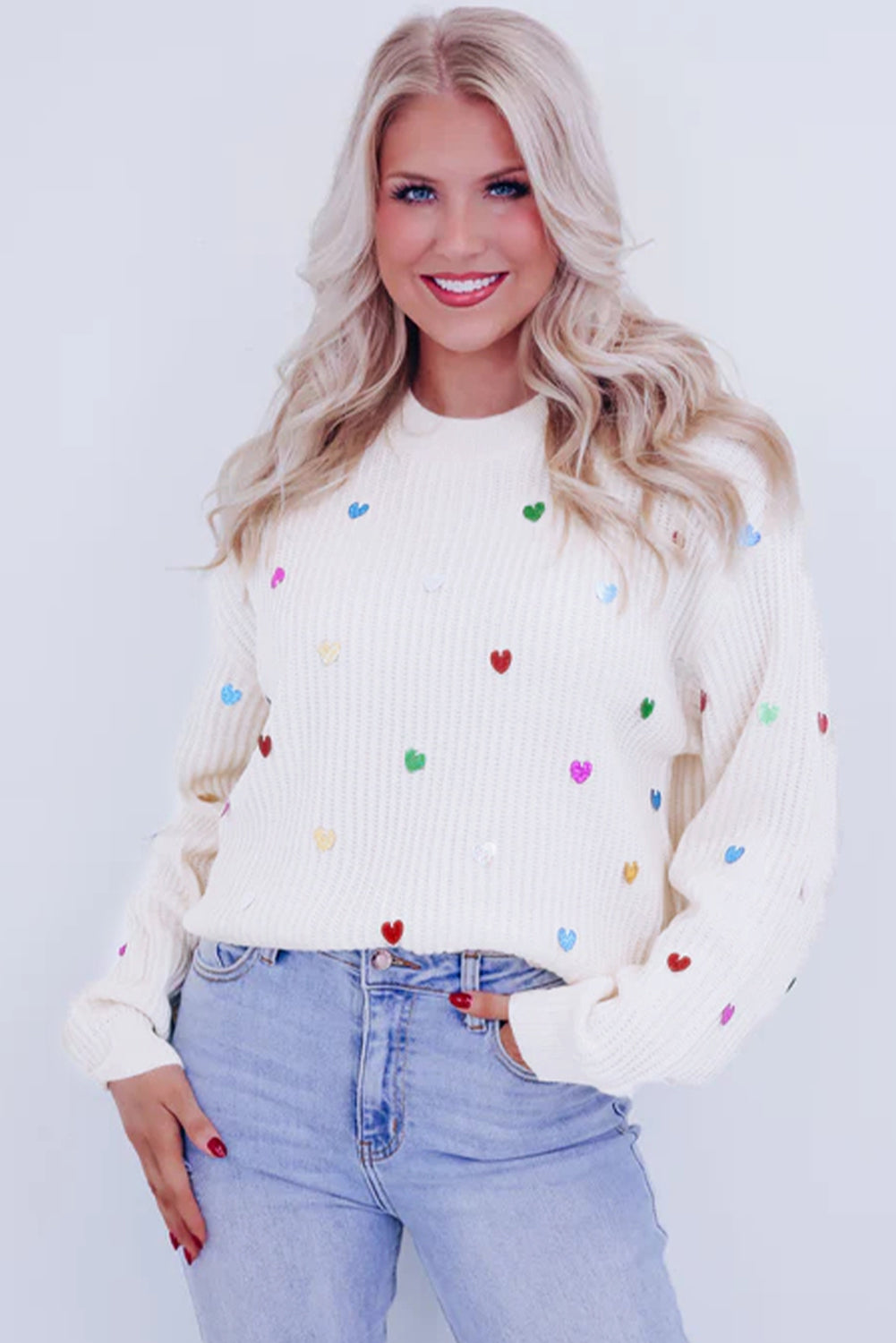 Blue Zone Planet | Beige Sequin Heart Shape Waffle Knit Round Neck Sweater-Sweaters & Cardigans/Sweaters-[Adult]-[Female]-2022 Online Blue Zone Planet