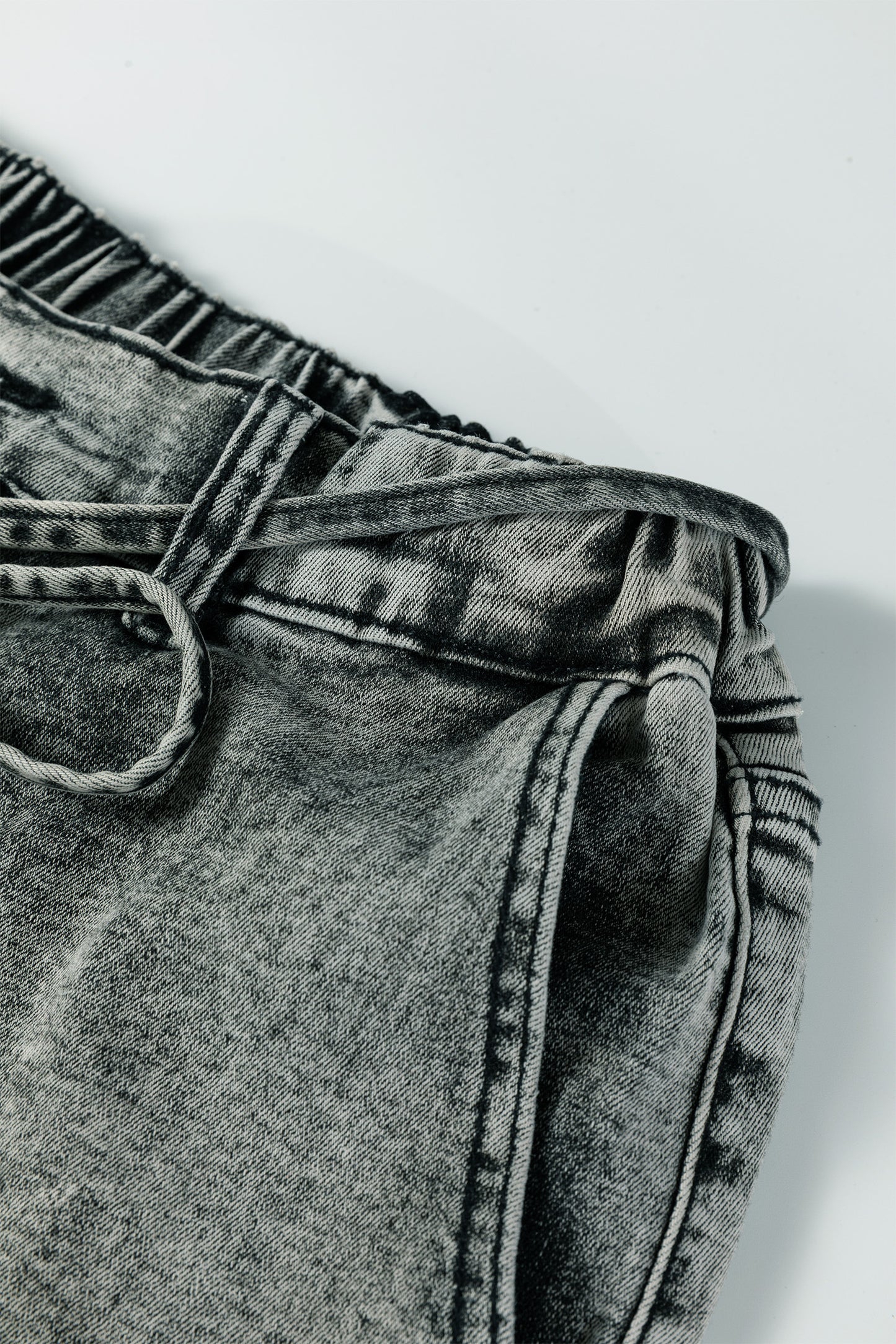 Gray Acid Wash Barrel Fit Denim Pants with Waist String-Bottoms/Jeans-[Adult]-[Female]-2022 Online Blue Zone Planet