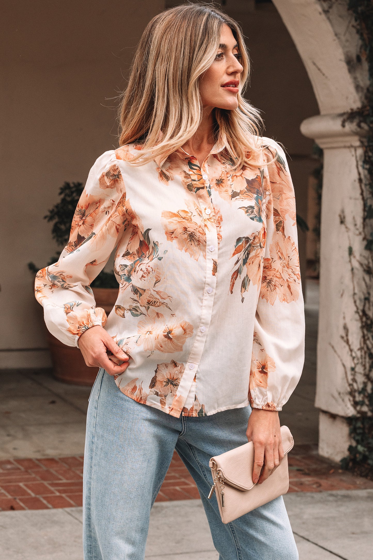 Orange Floral Puff Sleeve Lightweight Shirt-Tops/Blouses & Shirts-[Adult]-[Female]-2022 Online Blue Zone Planet