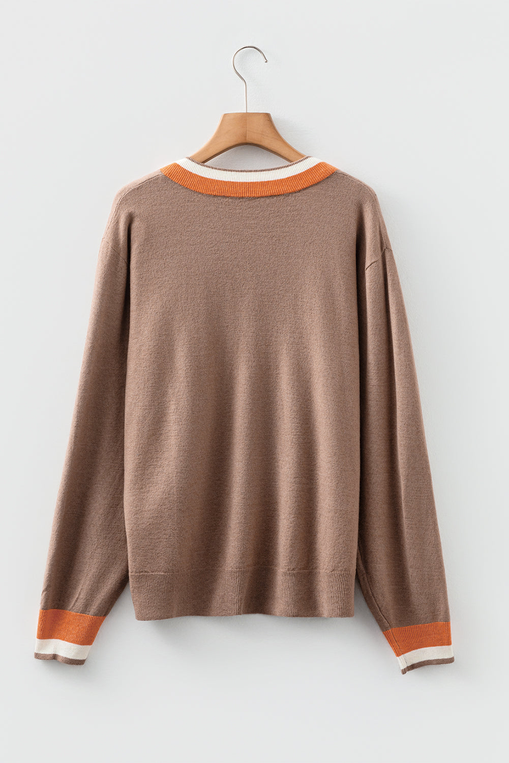 Dark Khaki Contrast Striped Trim V Neck Varsity Sweater-TOPS / DRESSES-[Adult]-[Female]-2022 Online Blue Zone Planet