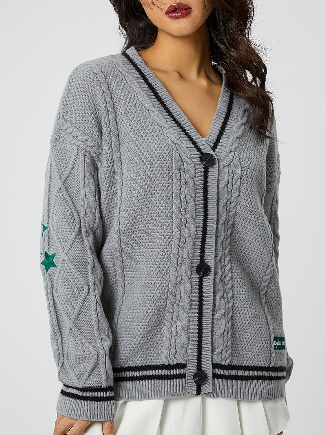 Star Embroidered V-Neck Long Sleeve Cardigan-TOPS / DRESSES-[Adult]-[Female]-Gray-One Size-2022 Online Blue Zone Planet