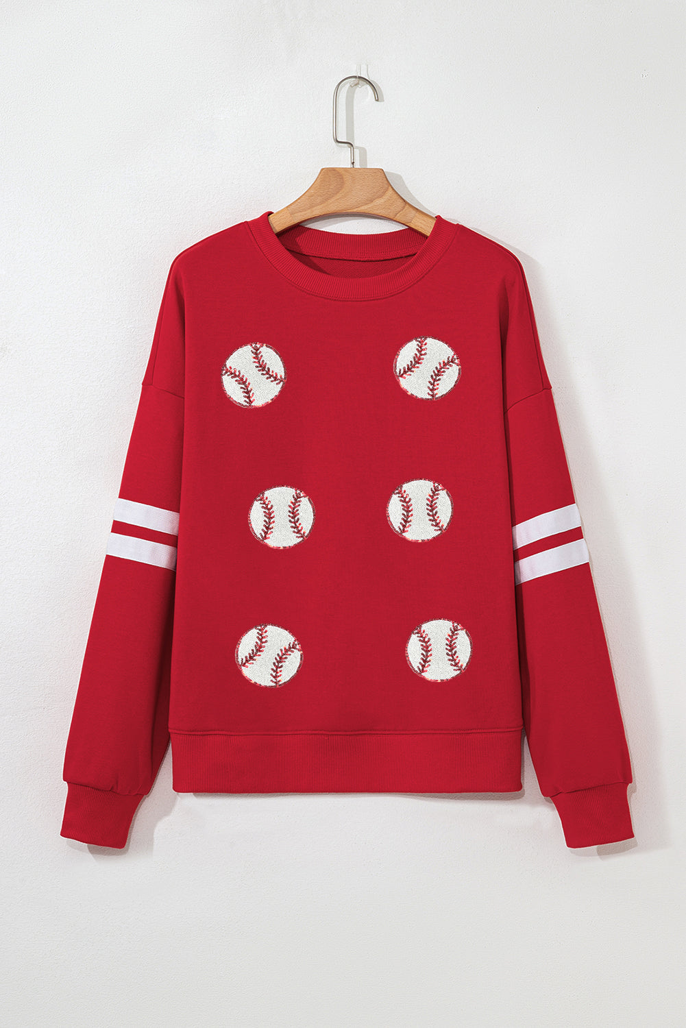 Fiery Red Sequin Baseball Patched Oversized Varsity Sweatshirt-Graphic/Graphic Sweatshirts-[Adult]-[Female]-2022 Online Blue Zone Planet
