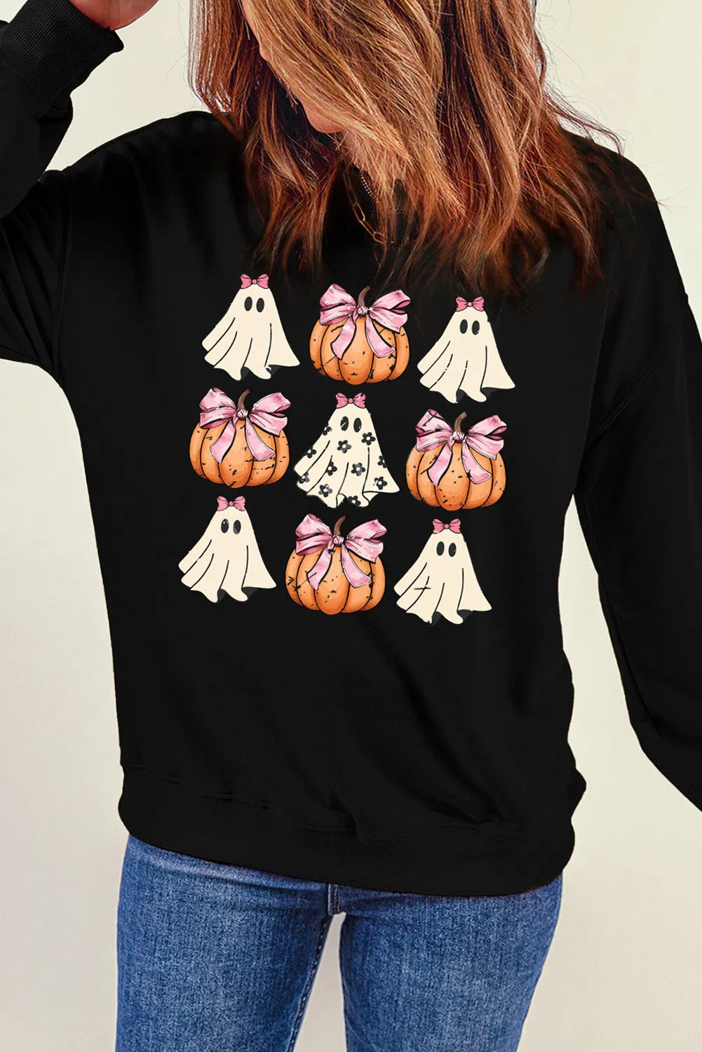 Blue Zone Planet | Pumpkin & Ghost Round Neck Long Sleeve Sweatshirt-TOPS / DRESSES-[Adult]-[Female]-2022 Online Blue Zone Planet