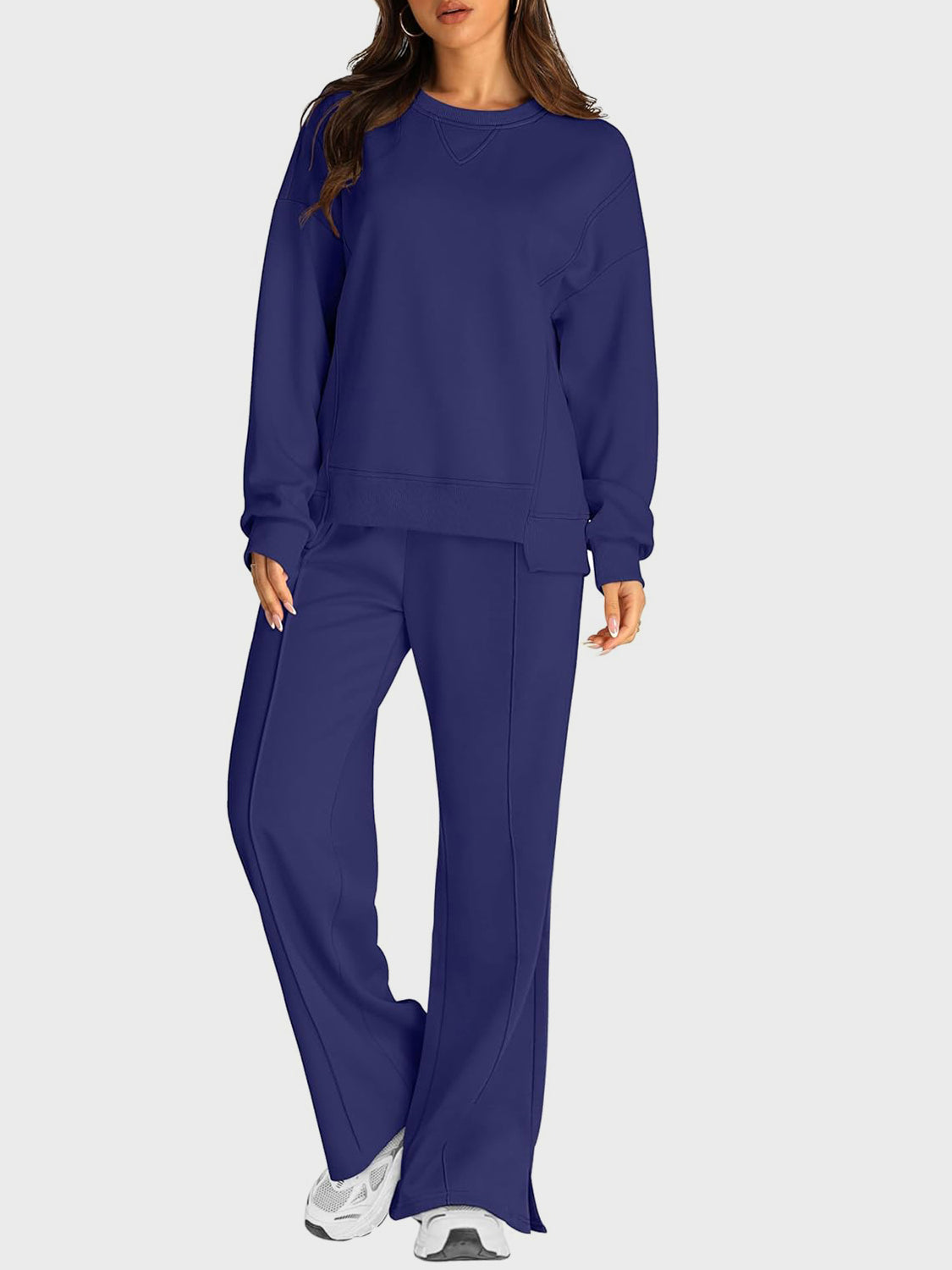 Round Neck Long Sleeve Top and Slit Pants Set-TOPS / DRESSES-[Adult]-[Female]-Dark Blue-S-2022 Online Blue Zone Planet