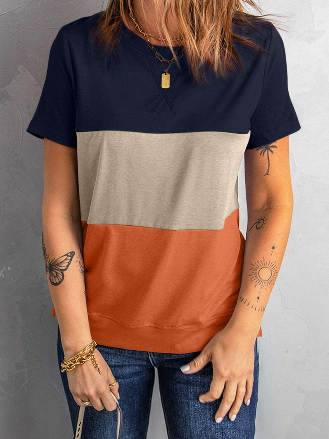 Color Block Round Neck T-Shirt-TOPS / DRESSES-[Adult]-[Female]-Dark Blue-S-2022 Online Blue Zone Planet