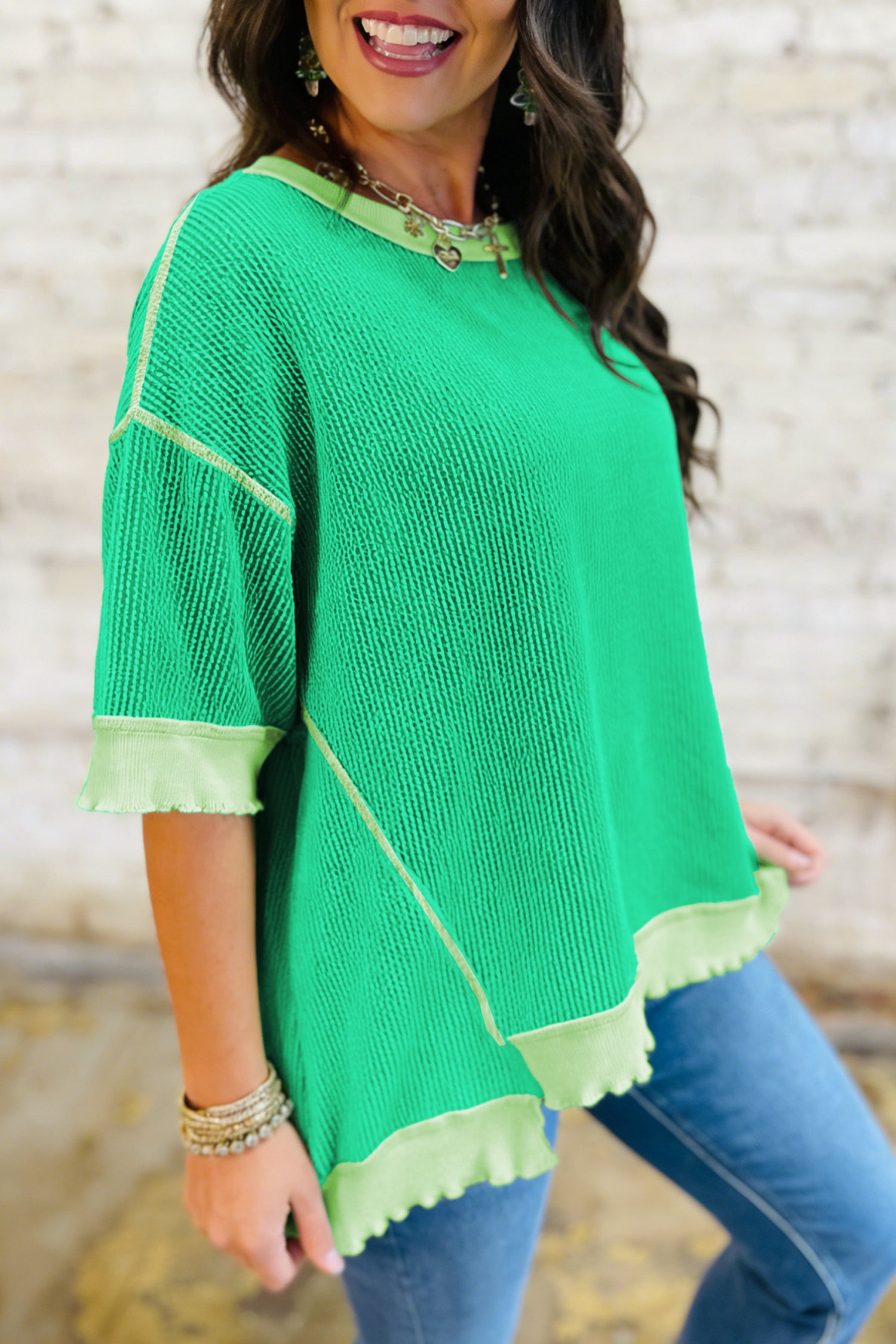 Mint Green Loose Uneven Hem Twist Ribbed T Shirt-Tops/Tops & Tees-[Adult]-[Female]-Mint Green-S-2022 Online Blue Zone Planet