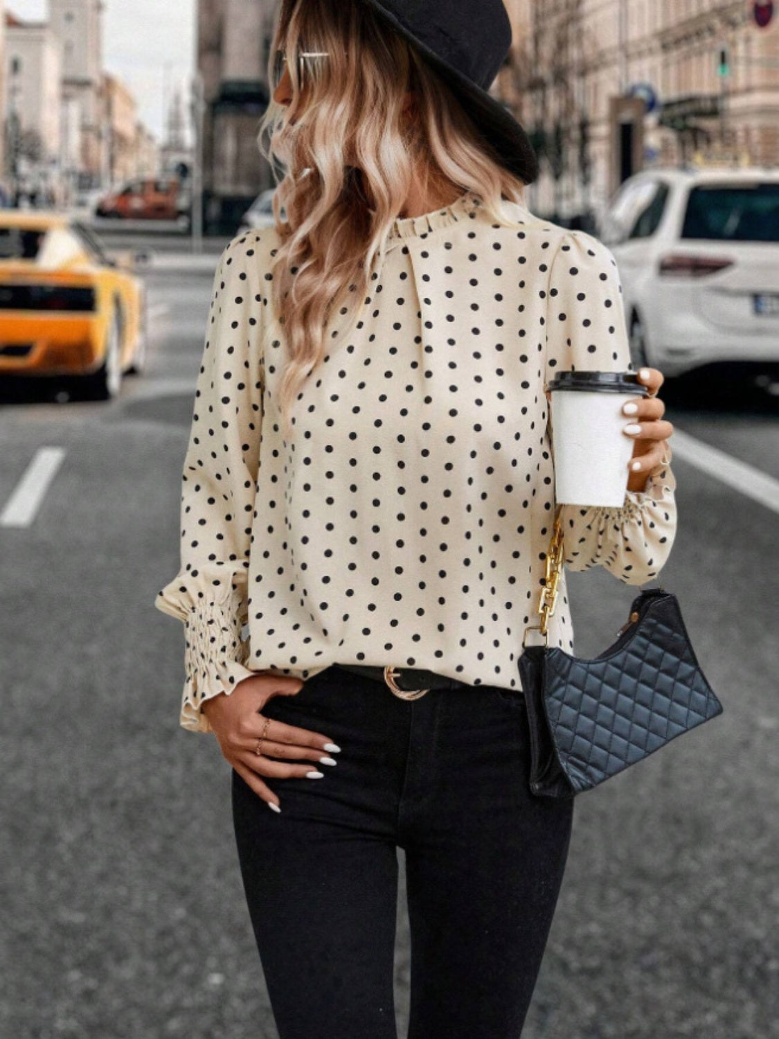 Polka Dot Mock Neck Long Sleeve Blouse-TOPS / DRESSES-[Adult]-[Female]-2022 Online Blue Zone Planet