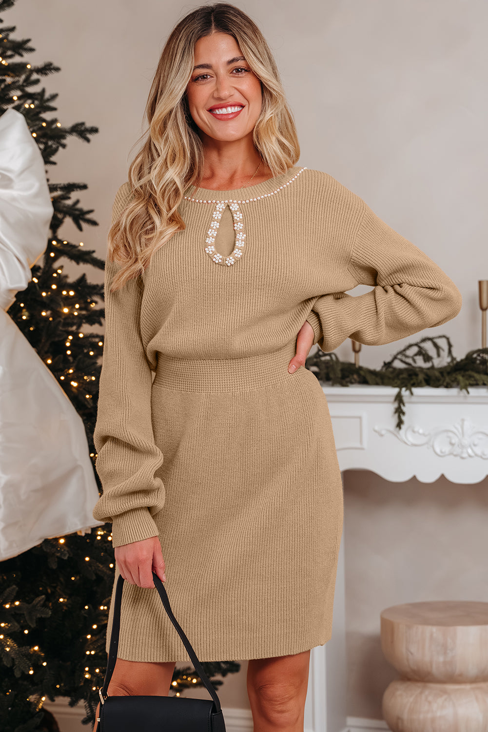 Smoke Gray Pearl Embellished Keyhole Ribbed Sweater Dress-TOPS / DRESSES-[Adult]-[Female]-2022 Online Blue Zone Planet
