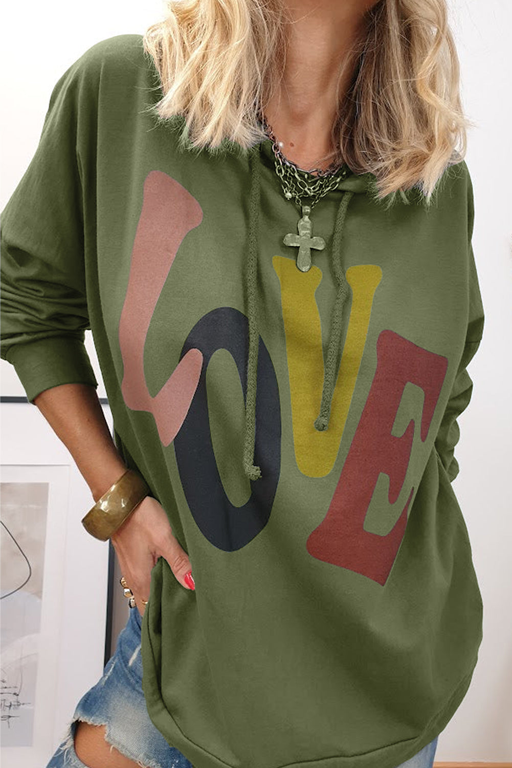 LOVE Drawstring Dropped Shoulder Hoodie-TOPS / DRESSES-[Adult]-[Female]-2022 Online Blue Zone Planet