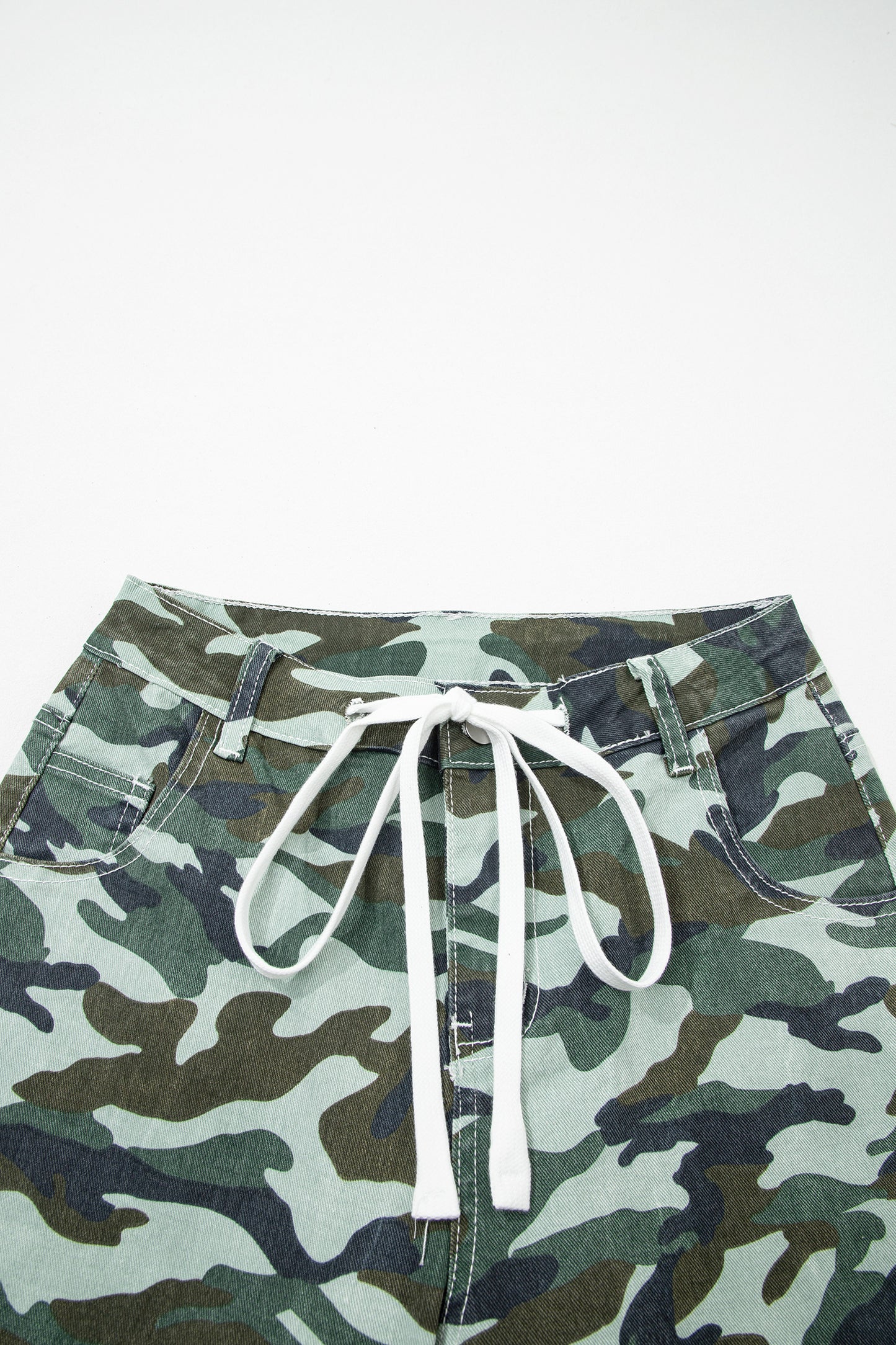 Green Camouflage Print Wide Leg Drawstring Denim Pants-Bottoms/Jeans-[Adult]-[Female]-2022 Online Blue Zone Planet