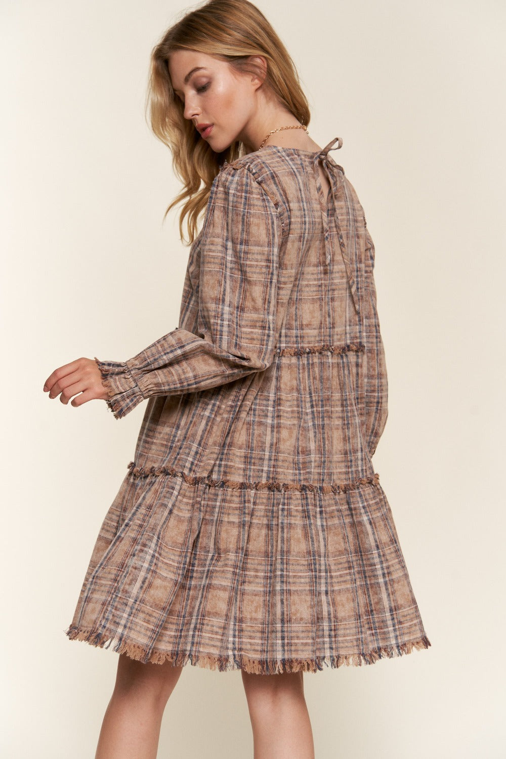 And The Why Full Size Washed Frayed Tiered Plaid Dress-TOPS / DRESSES-[Adult]-[Female]-2022 Online Blue Zone Planet