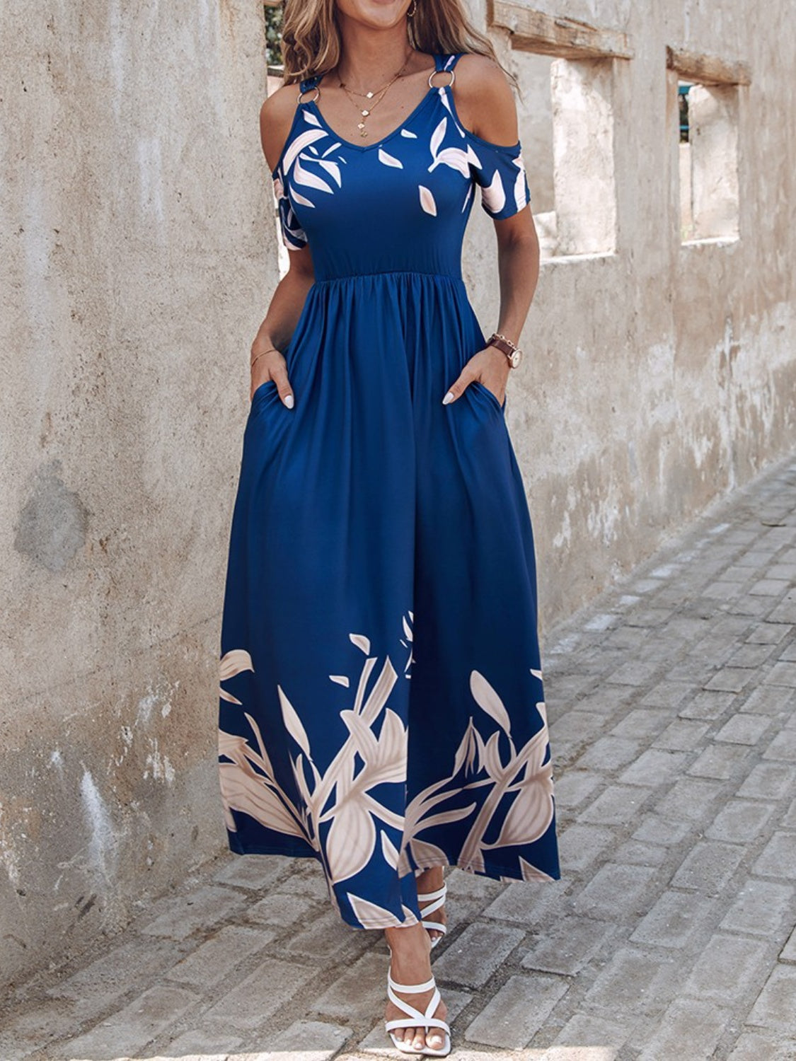 Blue Zone Planet | Printed Cold Shoulder Short Sleeve Maxi Dress-TOPS / DRESSES-[Adult]-[Female]-Navy-S-2022 Online Blue Zone Planet