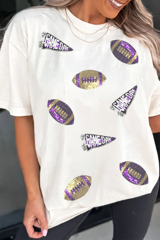 White Sequin Game Day Football Print T-Shirt-Graphic/Graphic Tees-[Adult]-[Female]-White-S-2022 Online Blue Zone Planet