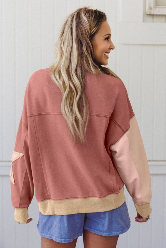 Rose Pink Contrast Star Patchwork Exposed Seam Uneven Hem Drop Shoulder Sweatshirt-Tops/Sweatshirts & Hoodies-[Adult]-[Female]-2022 Online Blue Zone Planet