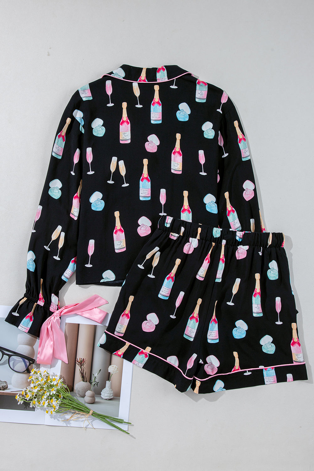 Color black Christmas Wine Glass Print Bow Knot Two Piece Pajama Set-Sleepwear-[Adult]-[Female]-2022 Online Blue Zone Planet
