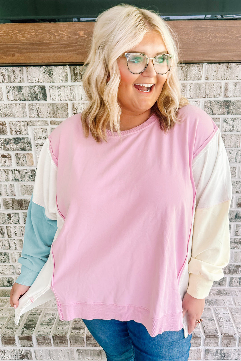 Pink Colorblock Patchwork Drop Shoulder Plus Size Sweatshirt-Plus Size/Plus Size Sweatshirts & Hoodies-[Adult]-[Female]-2022 Online Blue Zone Planet