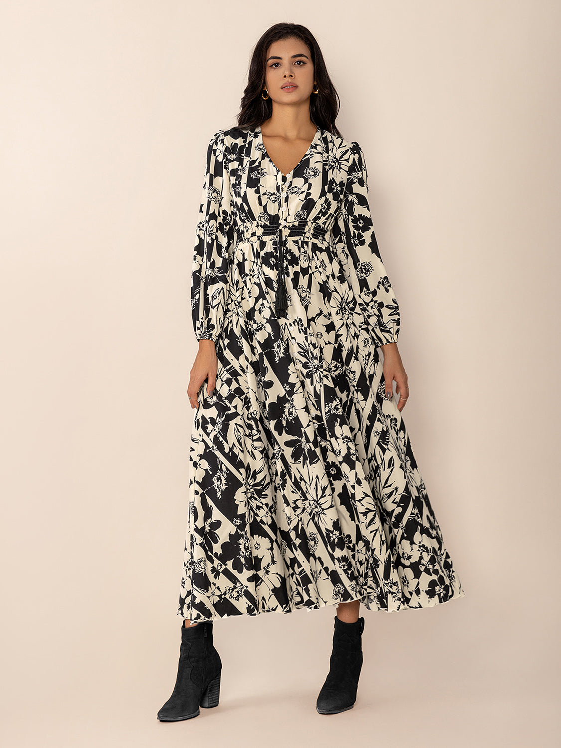 Tied Printed V-Neck Long Sleeve Midi Dress-TOPS / DRESSES-[Adult]-[Female]-2022 Online Blue Zone Planet