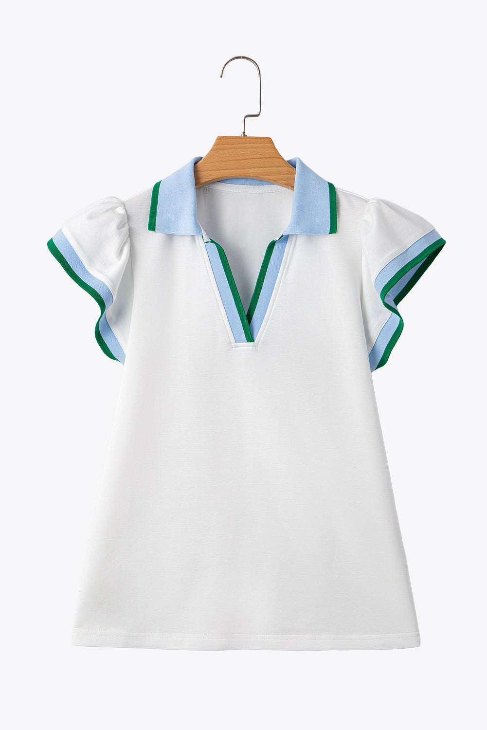 White Color Contrast Ruffled Sleeve Collared V Neck Blouse-Tops/Blouses & Shirts-[Adult]-[Female]-2022 Online Blue Zone Planet