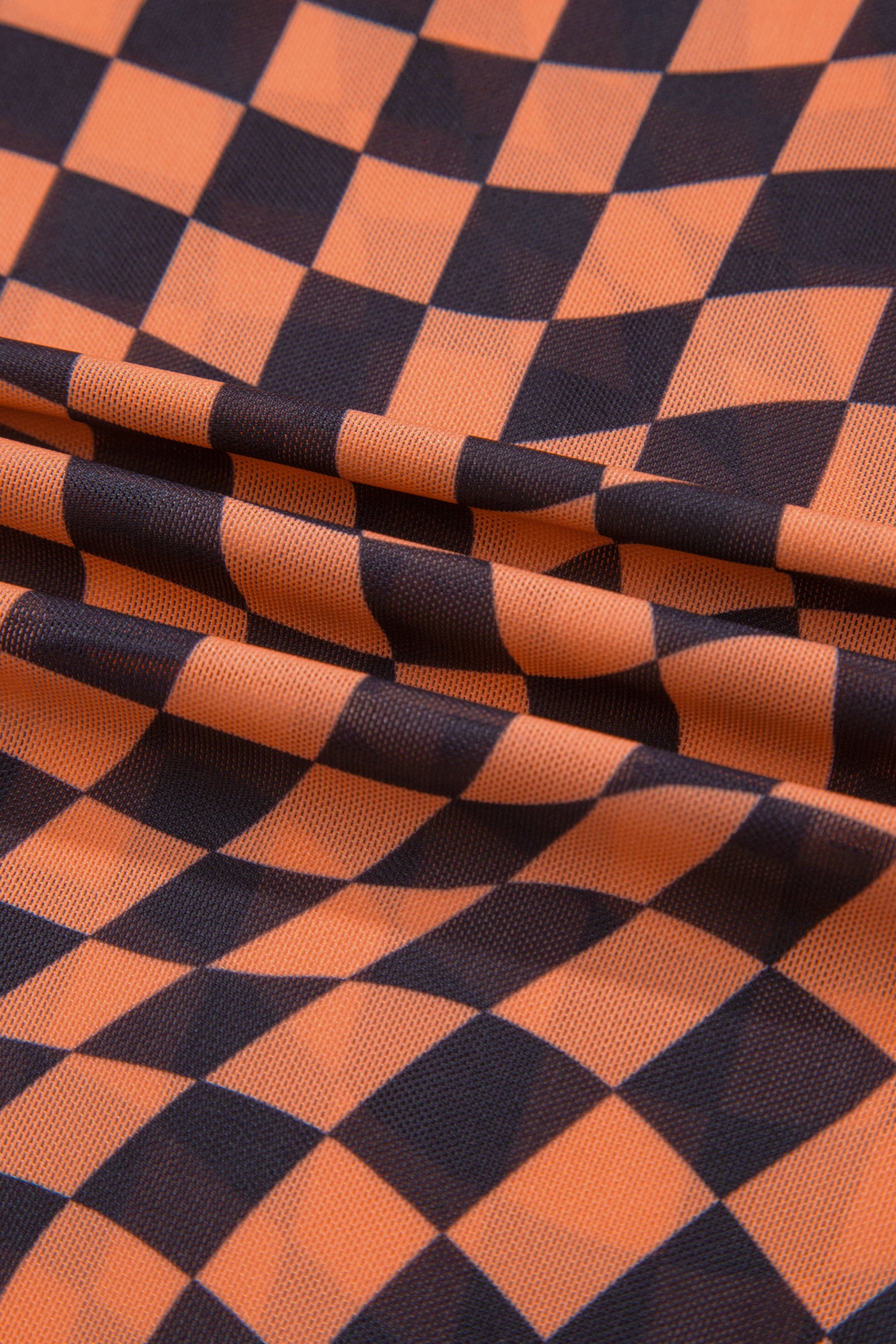 Orange Checkered Print Crew Neck Mesh T Shirt-Tops/Tops & Tees-[Adult]-[Female]-2022 Online Blue Zone Planet
